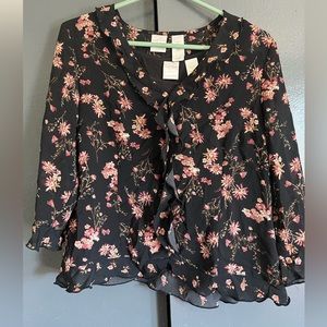 The brand is Emma James, the size is a petite 14, it is black with pink floral